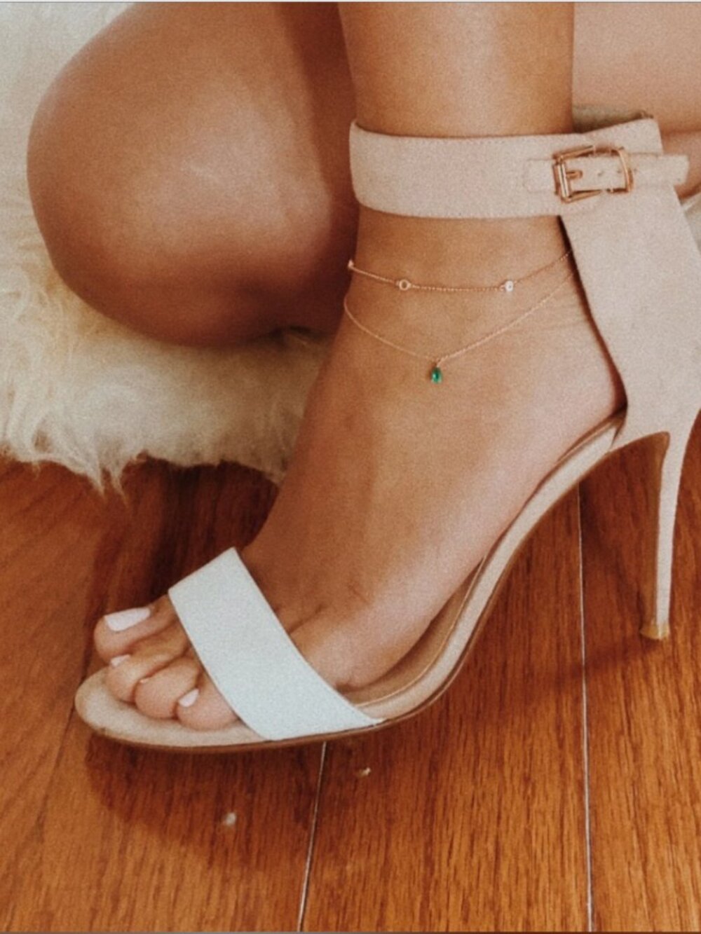 14k Rose Gold Two-Layer Anklet with Emerald and Pink Morganite - 8.75" + 2"